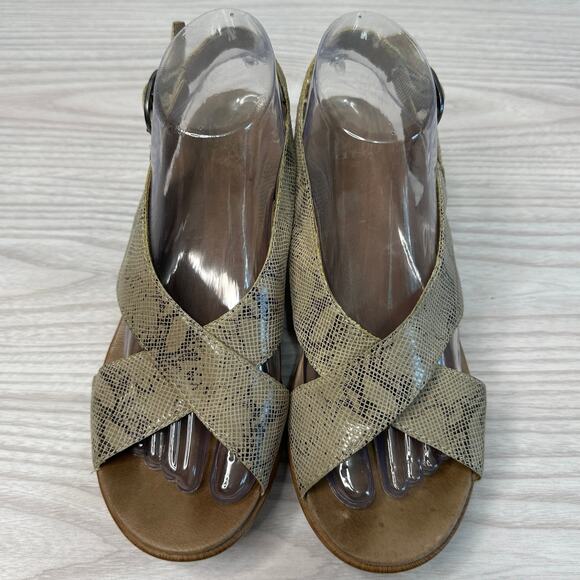 Dansko Jacinda Wedge Sandals WMNS 38 Taupe Snake Skin Crossover Strap Sling Back - Picture 4 of 13